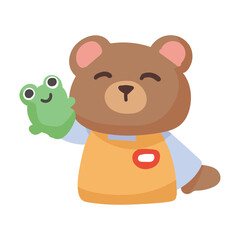 A smiling cartoon bear holding a friendly green frog puppet.