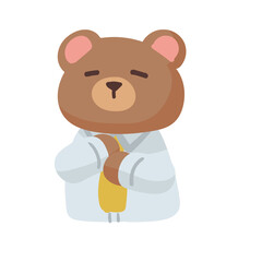 Cartoon bear character wearing a shirt with hands clasped, eyes closed.