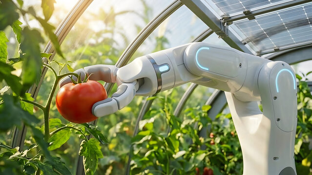 Robotic arm harvesting ripe tomato in high-tech greenhouse with solar panels, smart farming automation concept