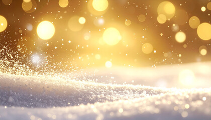 Naklejka premium Golden Winter Wonderland: A mesmerizing display of radiant golden bokeh and gently falling snow, creating a serene and magical atmosphere.