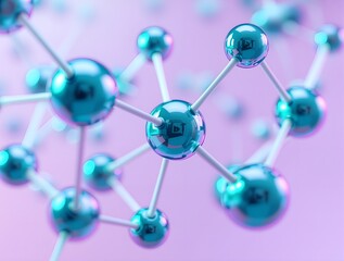 Close-up of a 3D molecular structure with green spheres representing atoms, connected by white rods, set against a gradient pink background.