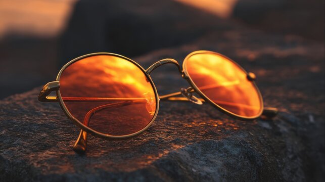 Round Golden Sunglasses With Reflection on Dark Surface