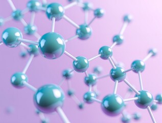 Close-up of a 3D molecular structure with green spheres representing atoms, connected by white rods, set against a gradient pink background.