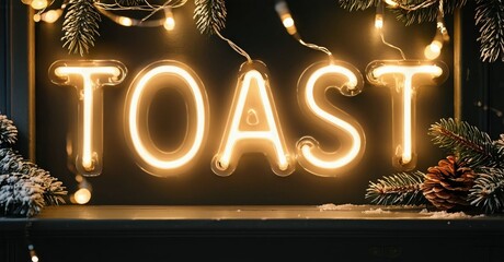 Bright neon sign spells TOAST. Festive decorations surround glowing lettering. Winter ambiance, cozy vibes present.
