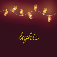 A string of warm golden Christmas lights glowing softly on a dark red background. Cozy and elegant seasonal artwork suitable for holiday advertising, invitations, and festive projects.