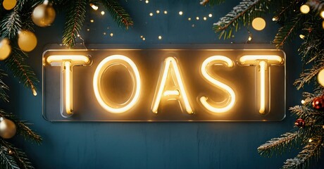 Bright neon sign spells TOAST. Festive evergreen branches frame glowing text, golden ornaments add warmth. Dark background enhances illumination.