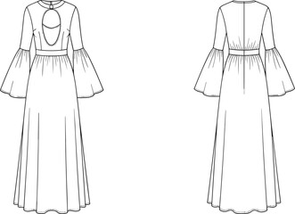 Black and white fashion illustration of a long dress with bell sleeves and back cutout