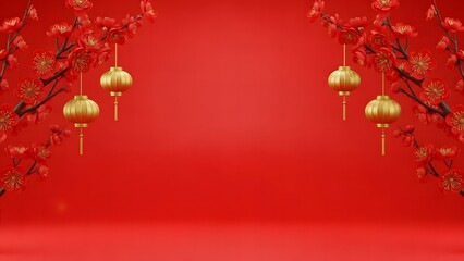 Festive red background with lanterns and blossoms for chinese new year
