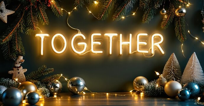 Festive scene. Glowing TOGETHER sign dominates, surrounded by ornaments, trees, lights. Warm, inviting holiday atmosphere.