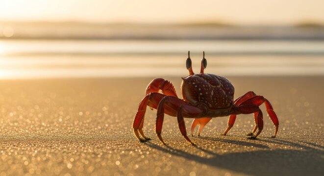 A red crab stands on a wet sandy beach at sunset - Powered by Adobe