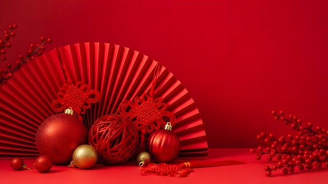 Red chinese new year decorations with fan and ornaments for festive celebration - Powered by Adobe