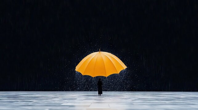 A person stands under a bright yellow umbrella in the rain, against a dark background. The image evokes a sense of isolation and resilience.