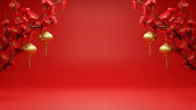 Festive red chinese new year background with golden ornaments and decorations