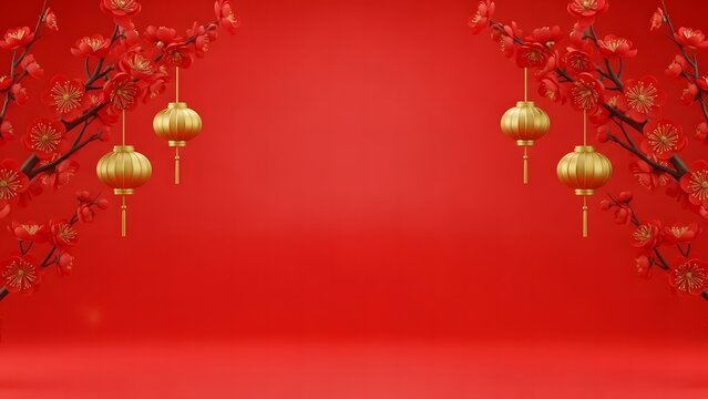 Festive red background with lanterns and blossoms for chinese new year