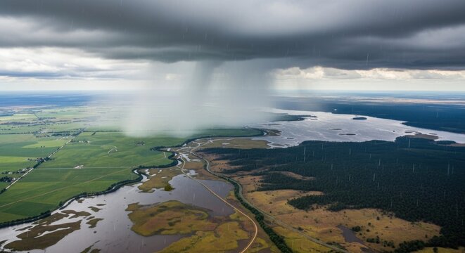 Aerial view of a storm passing over a river farmland and forest