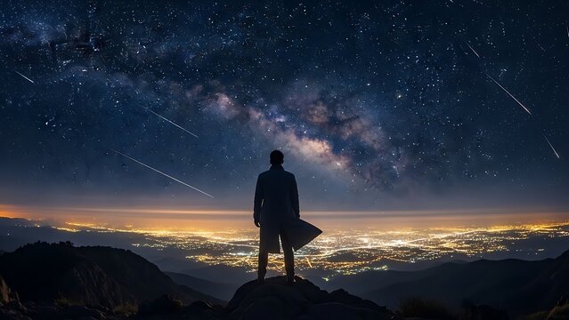 Man standing on a mountain gazing at the milky way and city lights below under a starry night sky with shooting stars creating a sense of wonder