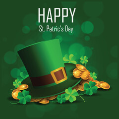Bright St. Patrick&rsquo;s Day illustration featuring a green leprechaun hat, gold coins, and festive holiday elements on a vibrant green background. Perfect for greeting cards, party promotions.