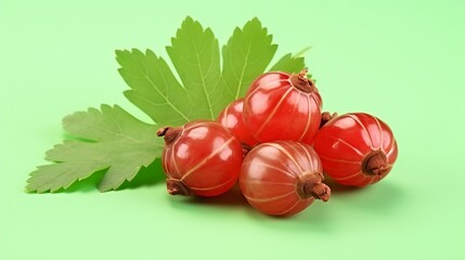 Fresh gooseberries in vibrant red hues, nestled with lush green leaf, offer a delicious and healthy treat on a refreshing light green backdrop