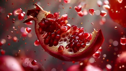 A closeup shot of a pomegranate in midair, with its seeds and seeds flying out of it. The vibrant red and purple hues of the fruit contrast beautifully against the blurred background.