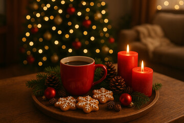 Fototapeta premium A cozy Christmas scene featuring a red mug, gingerbread cookies, and glowing candles arranged on a festive wooden tray with a blurred tree in the background.