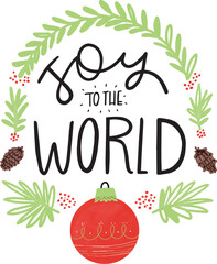 Hand-lettered &ldquo;Joy to the World&rdquo; framed by evergreen sprigs, pinecones, and a hanging bauble &mdash; rustic, warm hand-drawn holiday lettering piece.
