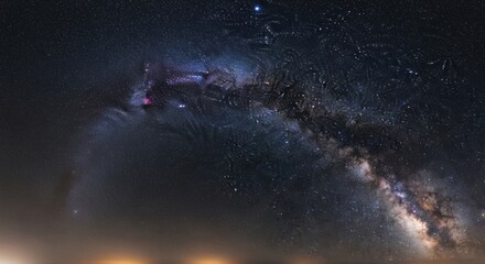 Milky Way galaxy arching across a dark night sky with distant lights