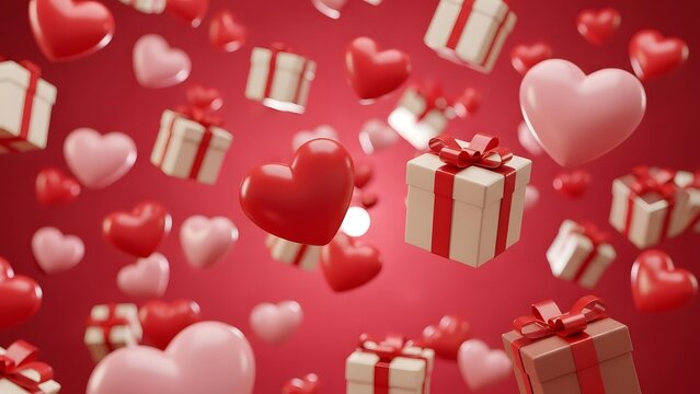 Romantic valentine s day background with hearts and gifts floating on red