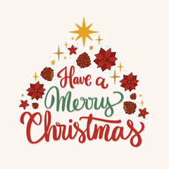 Minimal Christmas tree made of poinsettias and seasonal foliage with &ldquo;Have a Merry Christmas&rdquo; in playful hand-lettering on a soft cream background.