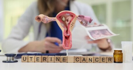 Wooden blocks spell words Uterine Cancer near uterus model with pelvic images. Gynecology doctor reviews report explaining uterine cancer therapy