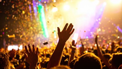 A joyful crowd with hands raised, celebrating amidst falling confetti and bright lights.