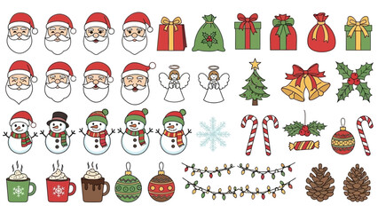 Fototapeta premium Festive collection of Christmas-themed illustrations featuring Santa, gifts, angels, and ornaments.