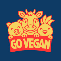 Naklejka premium Smiling cartoon pig cow chicken holding go vegan banner