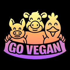 Smiling cartoon pig cow and chicken with go vegan banner