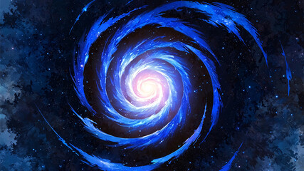A spiral galaxy rendered in bright blue and black, with a brilliant white and pink center