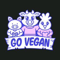 Smiling pig cow chicken with go vegan banner animals