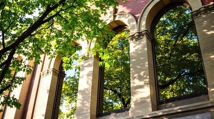 Photograph of a classical building with tall, arched windows framed by stone columns, surrounded by lush green trees casting dappled shadows