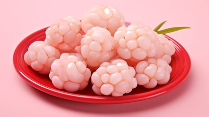 Sweet temptation of fresh rambutan fruit on a vibrant red plate, tantalizing taste of the tropics, a health-conscious snack, a culinary adventure