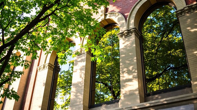 Photograph of a classical building with tall, arched windows framed by stone columns, surrounded by lush green trees casting dappled shadows