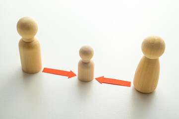 Concept of divorce and child custody dispute, expressed with wooden pieces, red arrows.