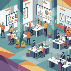 Isometric Office Scene with Employees Working at Desks.