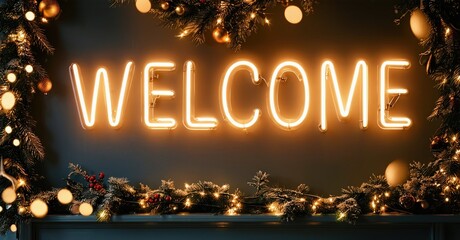 Bright neon welcome sign. Festive holiday decorations surround glowing text. Warm lights create cozy atmosphere.