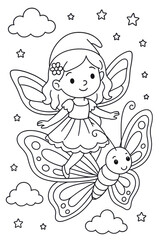 Children’s fairy coloring page featuring a cute fairy riding a large butterfly among clouds and stars. Thin black line art with simple clear contours and many small decorative details.