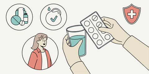 Fototapeta premium Stay Healthy with Medication: Woman Taking Pills with Water for Wellness, Illustrated Healthcare Concept Promoting Prevention and Treatment for Peace of Mind