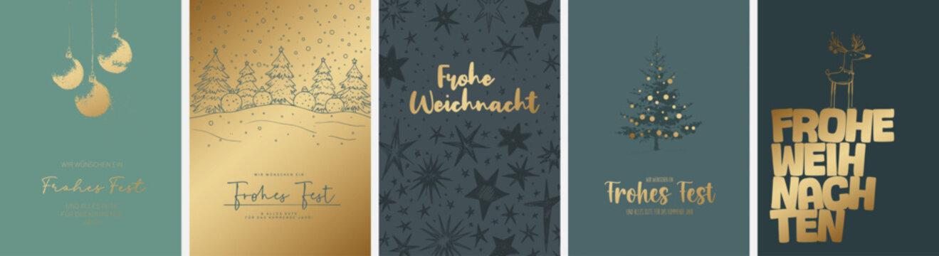 5 moderne und niedliche Weihnachtskarten Motive (Din Format) "Frohes Fest", "Frohe Weihnachten", "Merry Christmas". Sch&ouml;ne Typo, Font & Symbol komplett als Pfade