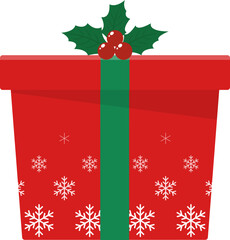 Red Christmas gift box vector illustration decorated with white snowflakes and tied with a green ribbon and holly on top.