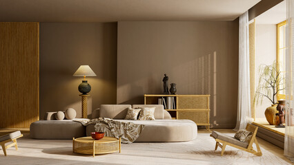Spacious beige interior with wooden cabinet and rattan details seen from wide angle daylight view. 3D illustration.