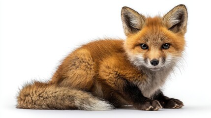 Obraz premium Cute baby fox sitting with an innocent gaze on a white background