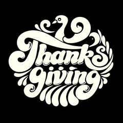 Thanksgiving text with ornate bird and flourishes lettering