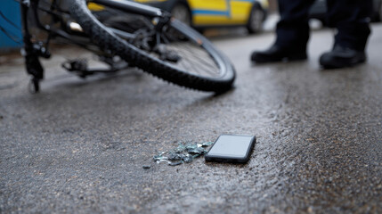 Overturned bicycle broken smartphone shattered glass wet asphalt urban street Accident scene