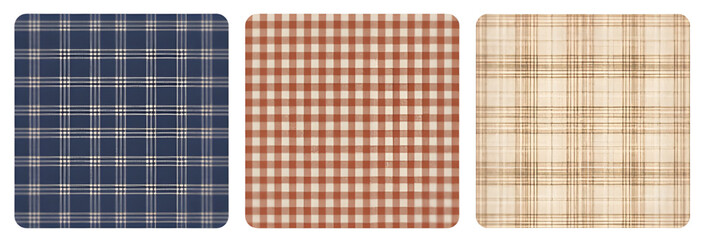 Three square fabric swatches with plaid patterns in blue red and beige colors with rounded corners design